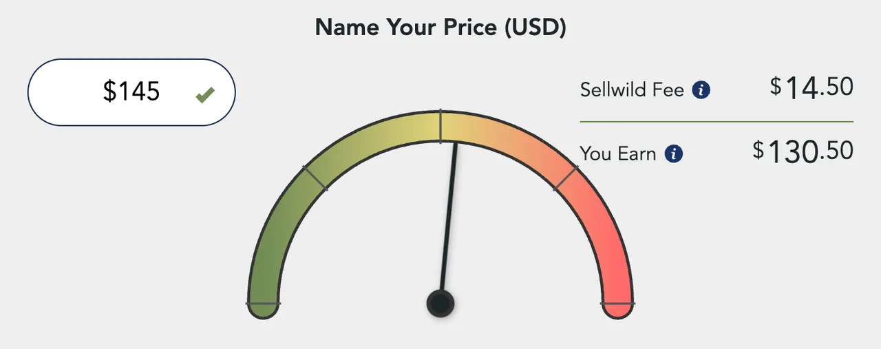 Name Your Price (USD) with $145 typed in, the gauge in the middle and the fee lines on the right