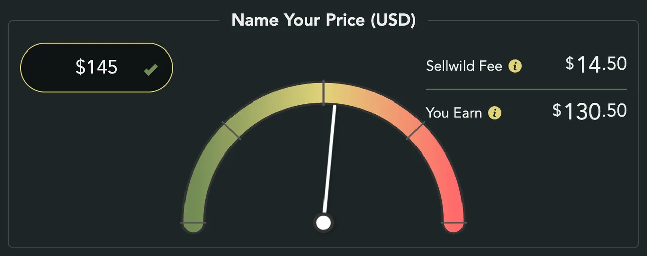Name Your Price (USD) with $145 typed in, the gauge in the middle and the fee lines on the right