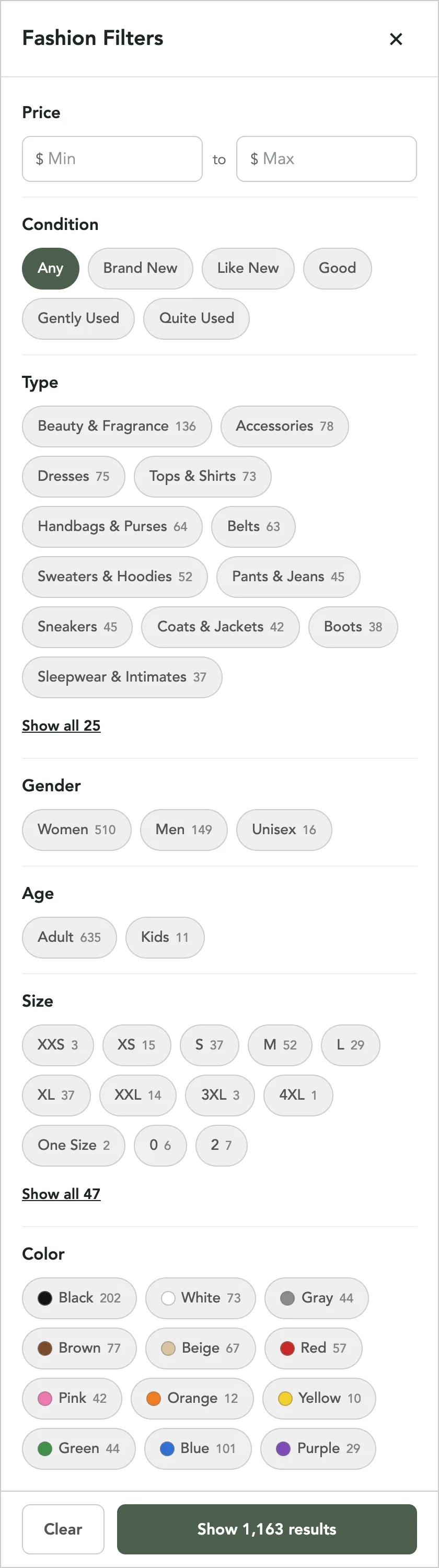 Fashion Filters on the Fashion page: Price and Condition, then Type, Gender, Age, Size and Color with a count on each choice, and Show 1,163 results