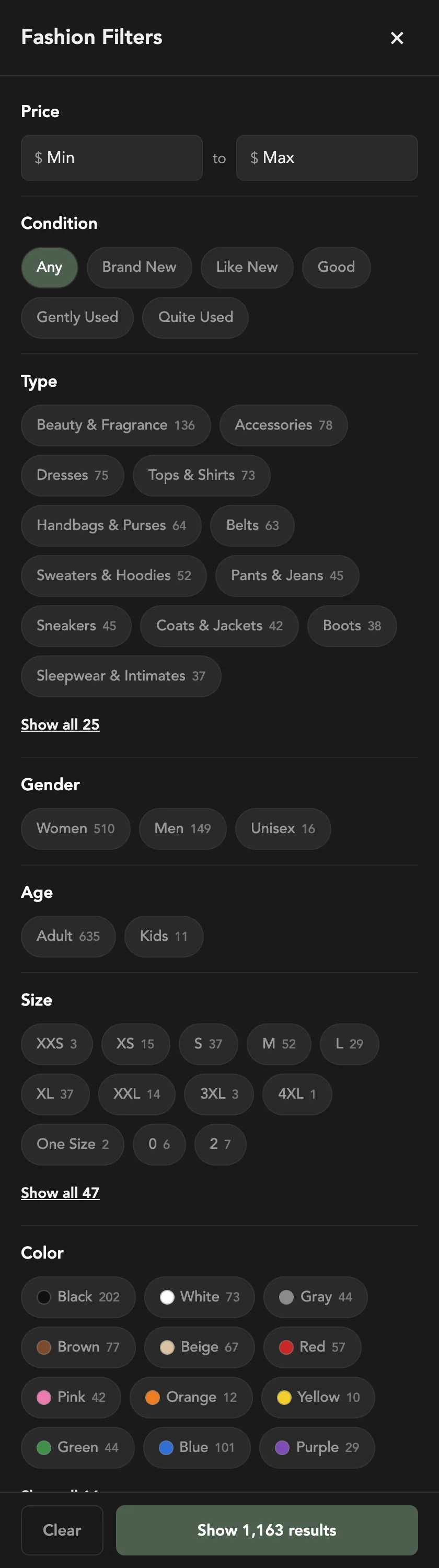Fashion Filters on the Fashion page: Price and Condition, then Type, Gender, Age, Size and Color with a count on each choice, and Show 1,163 results