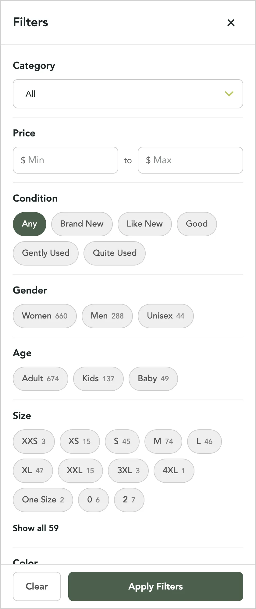 The Filters drawer on a search: Category, Price, Condition, then Gender, Age and Size with counts, and Clear and Apply Filters at the bottom