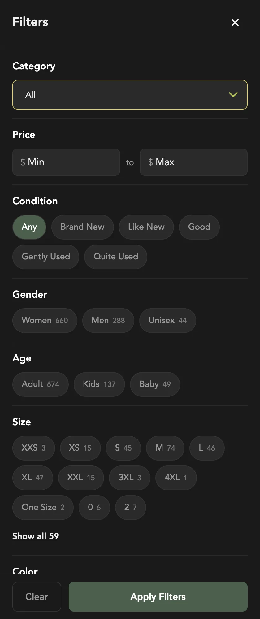 The Filters drawer on a search: Category, Price, Condition, then Gender, Age and Size with counts, and Clear and Apply Filters at the bottom