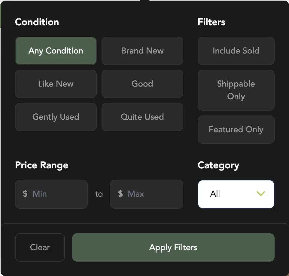The Filter panel: Condition, Filters, Price Range and Category