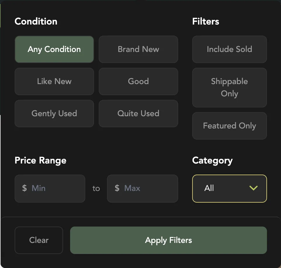 The Filter panel: Condition, Filters, Price Range and Category