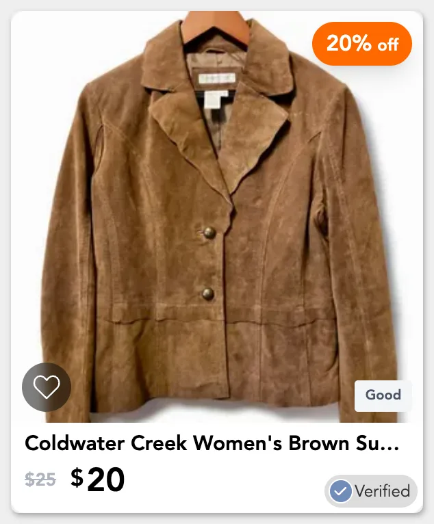 A card for a suede blazer with the heart, its condition and Verified