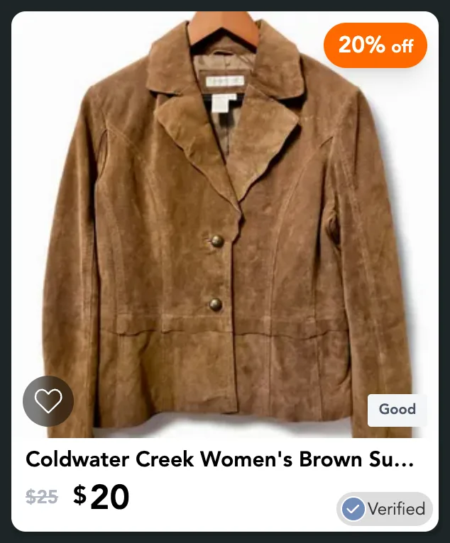 A card for a suede blazer with the heart, its condition and Verified