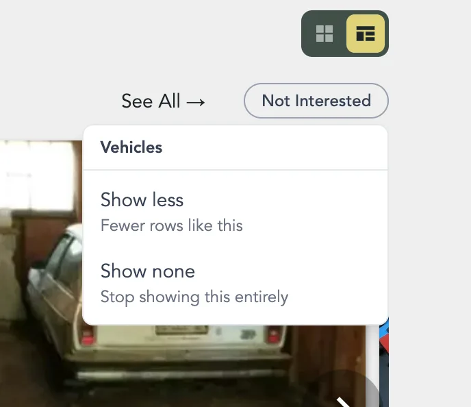 The Not Interested menu open on a row, with Show less and Show none