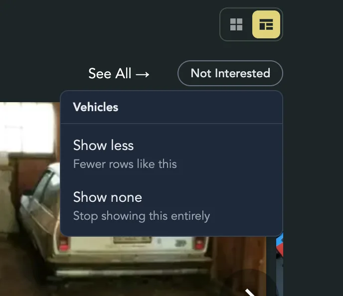 The Not Interested menu open on a row, with Show less and Show none