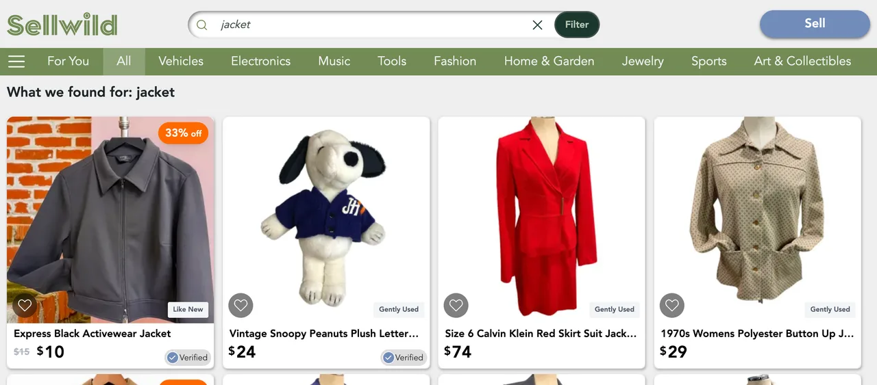 Results for jacket, with the Filter button beside the search box