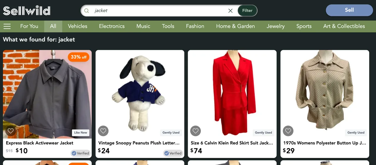 Results for jacket, with the Filter button beside the search box