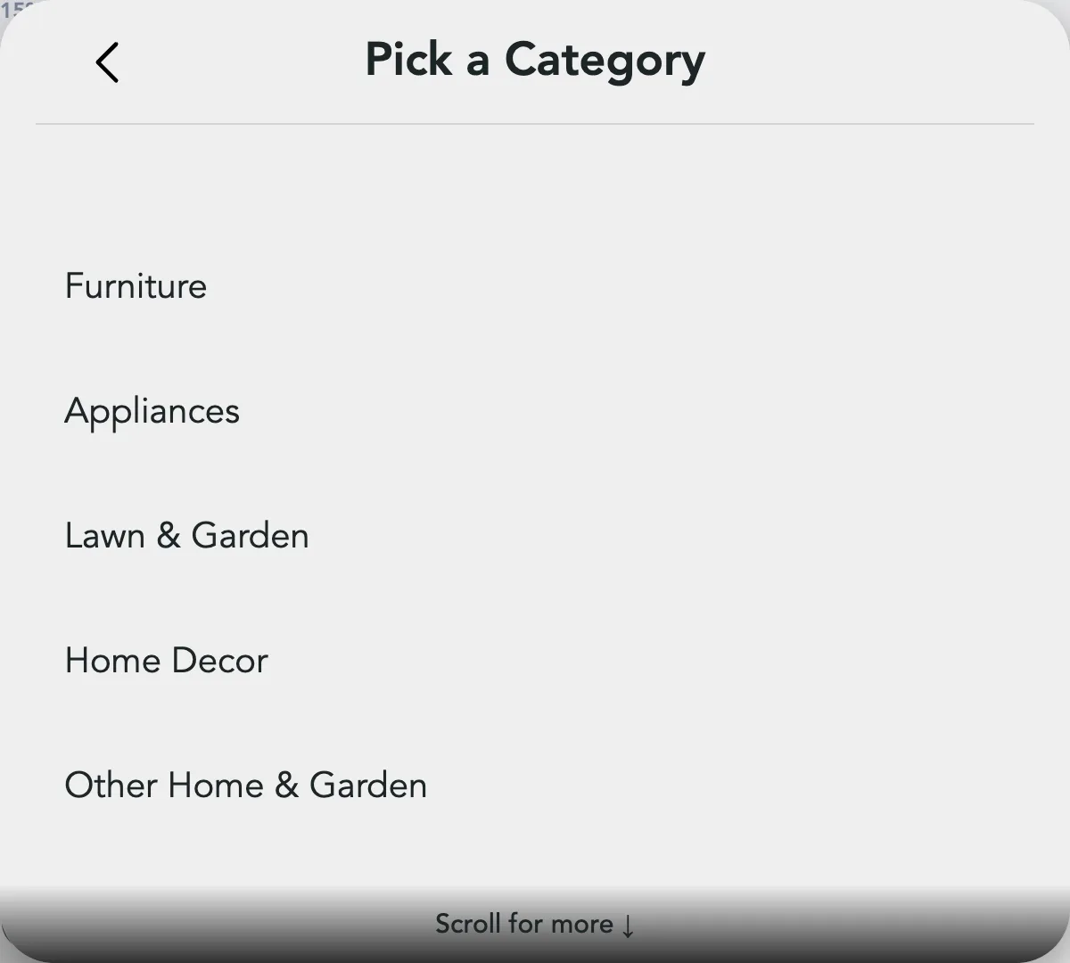 The Pick a Category popup, open on Home & Garden: Furniture, Appliances, Lawn & Garden, Home Decor and Other Home & Garden