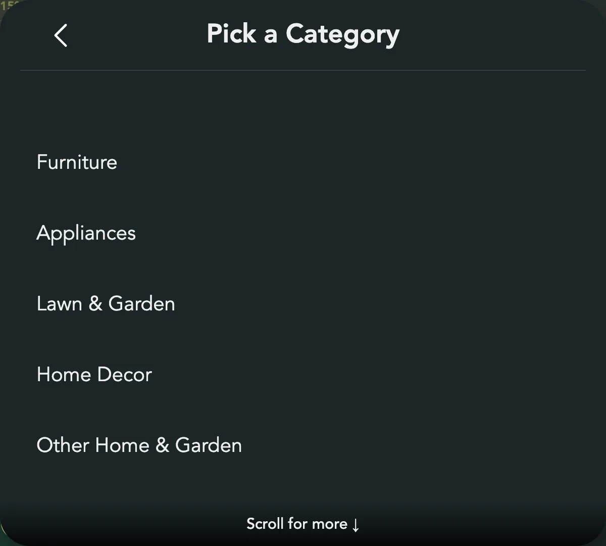The Pick a Category popup, open on Home & Garden: Furniture, Appliances, Lawn & Garden, Home Decor and Other Home & Garden