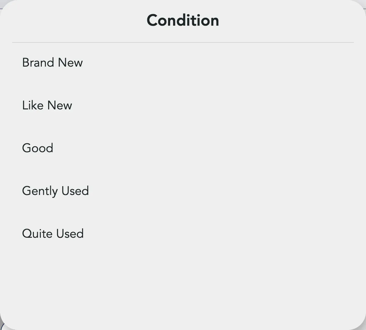 The Condition popup with the five conditions