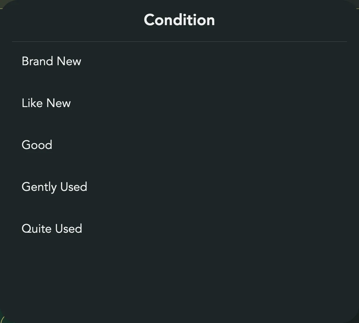 The Condition popup with the five conditions