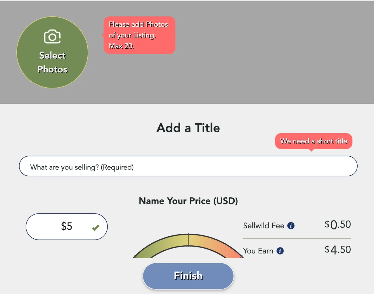 After Finish on an empty form: the photo note turns red, and a red We need a short title note sits on the title box