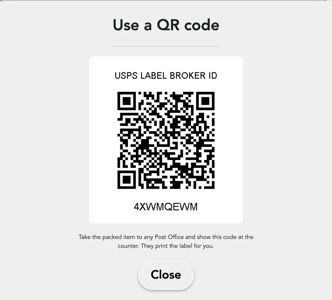 The Use a QR code window: the Label Broker ID, its scannable code, and the counter instructions