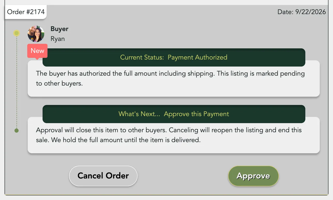 A paid order reading Payment Authorized, with the Cancel Order and Approve buttons