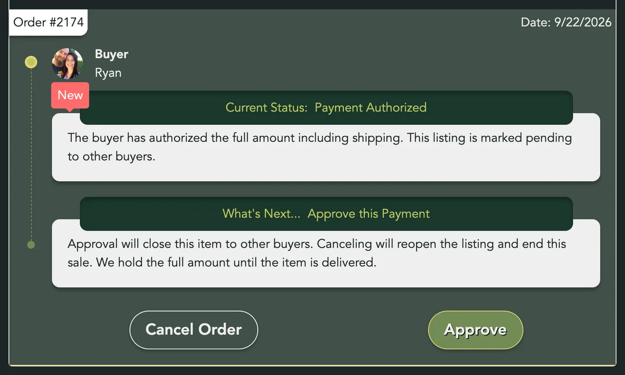 A paid order reading Payment Authorized, with the Cancel Order and Approve buttons