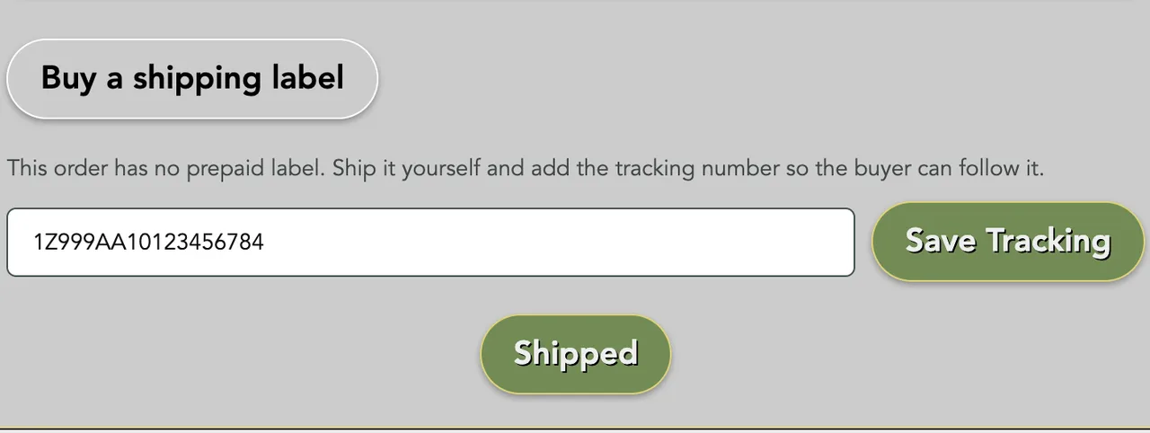 The tracking box with a number typed in, Save Tracking, and the Shipped button
