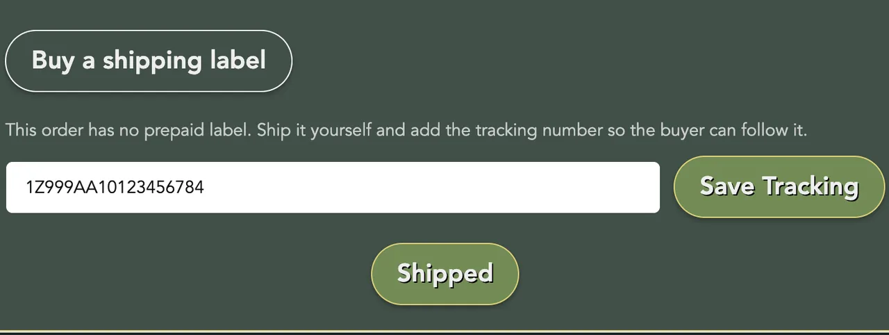 The tracking box with a number typed in, Save Tracking, and the Shipped button