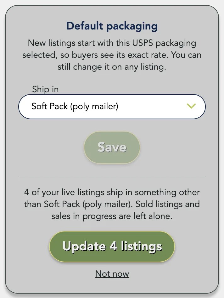 The Default packaging card after saving Soft Pack: 4 live listings ship in something else, with Update 4 listings and Not now