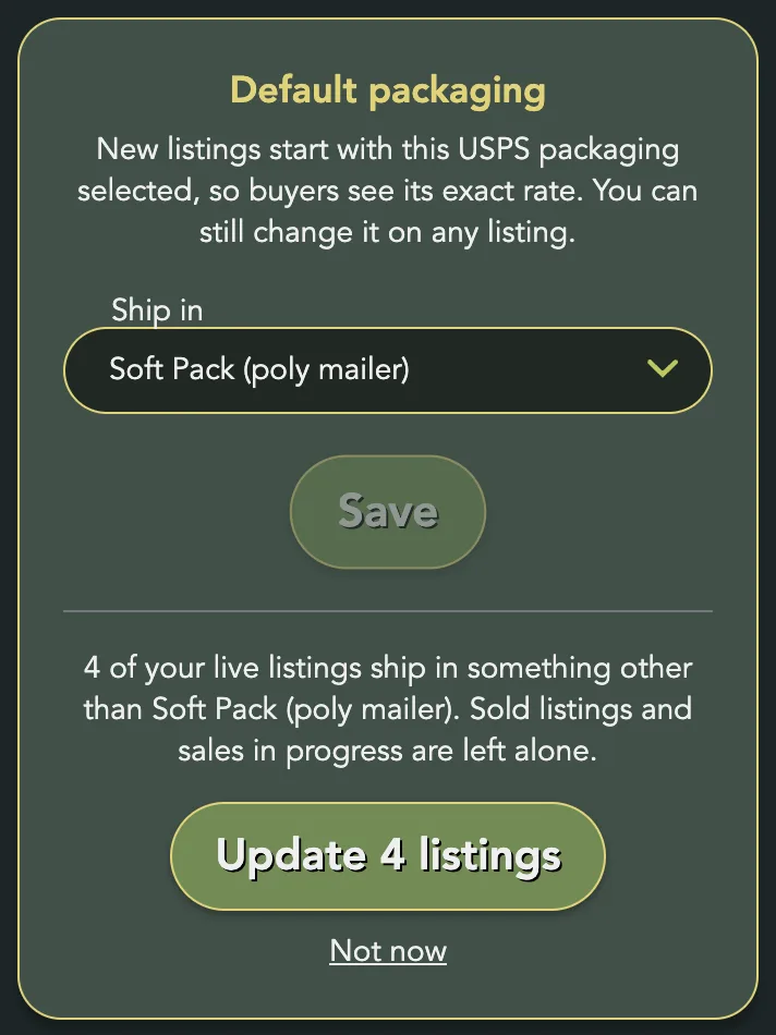 The Default packaging card after saving Soft Pack: 4 live listings ship in something else, with Update 4 listings and Not now
