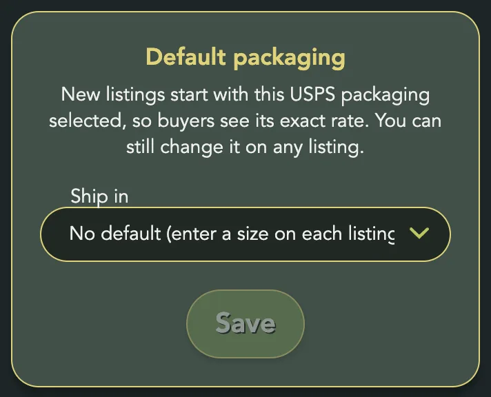 The Default packaging card with the Ship in list