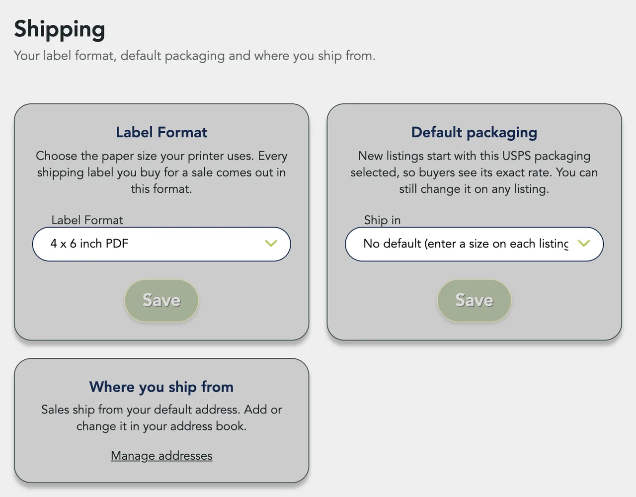 The Shipping page with Label Format, Default packaging and Where you ship from