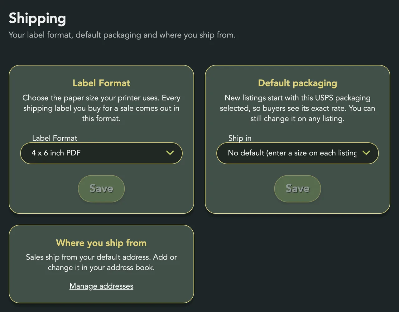 The Shipping page with Label Format, Default packaging and Where you ship from
