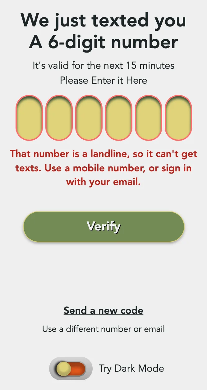 The texted-code step with a red landline warning under the boxes