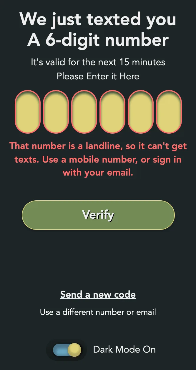 The texted-code step with a red landline warning under the boxes