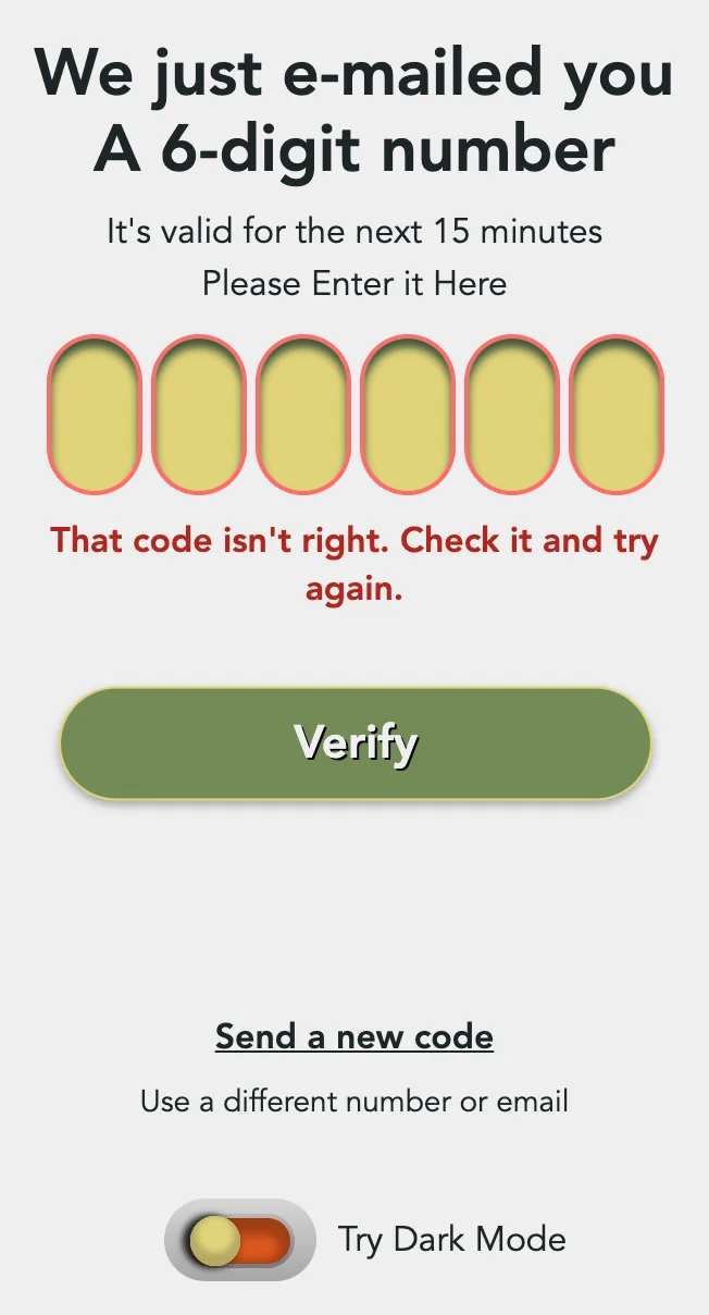 Six red boxes with the wrong-code message under them