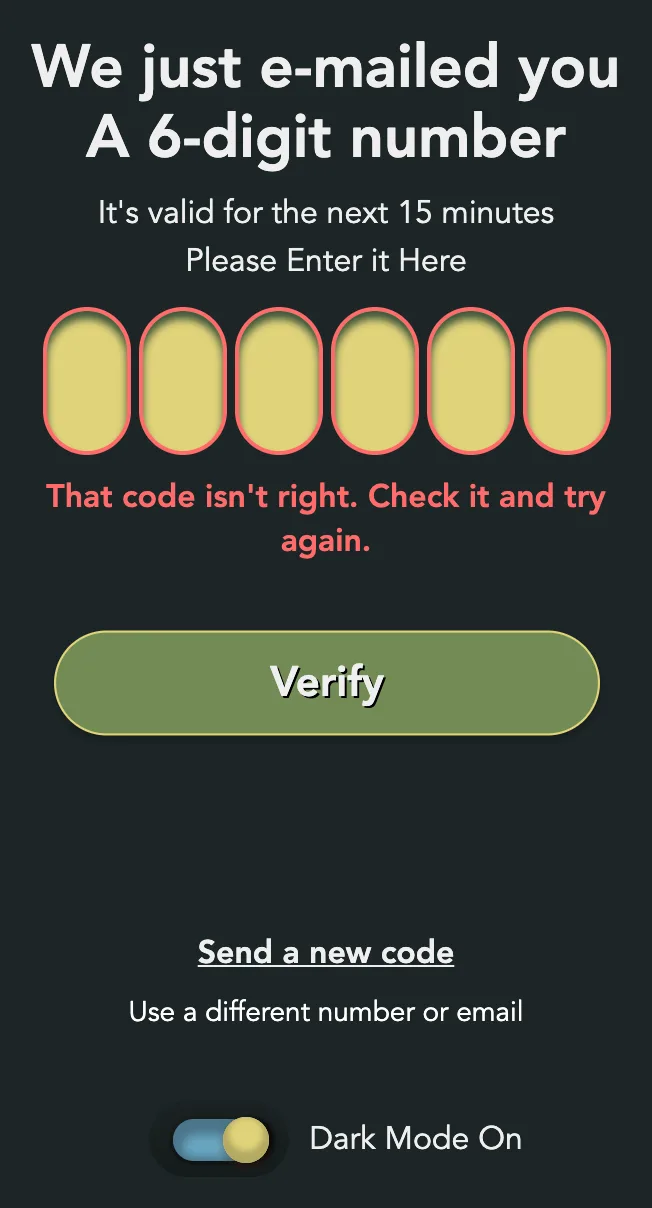 Six red boxes with the wrong-code message under them