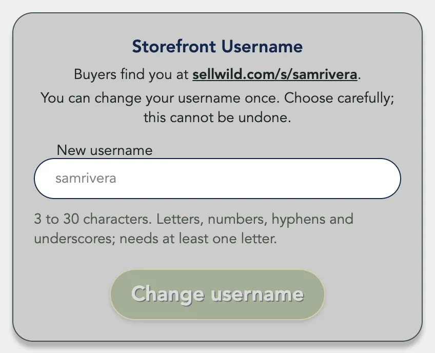 The Storefront Username card: the store address, the one-change warning and the New username field