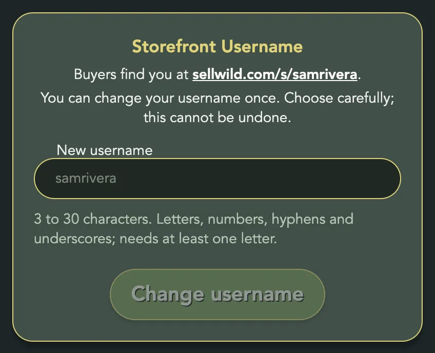 The Storefront Username card: the store address, the one-change warning and the New username field