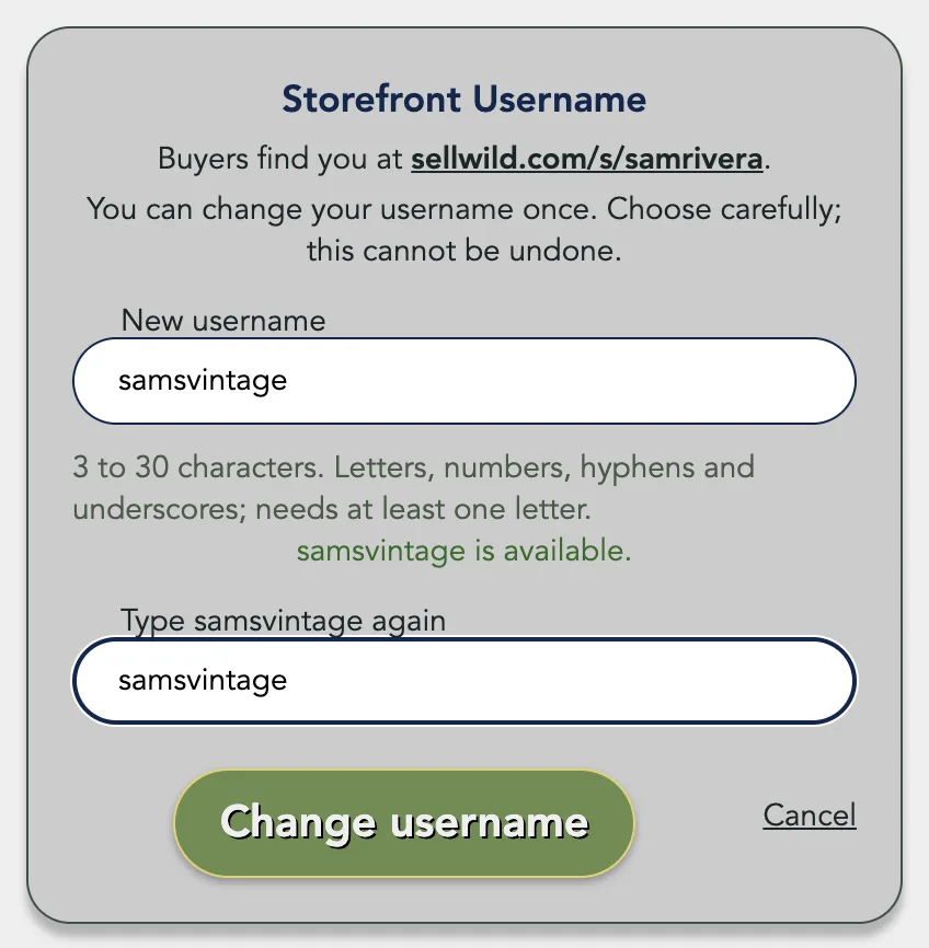 Both boxes filled in with samsvintage and the Change username button ready