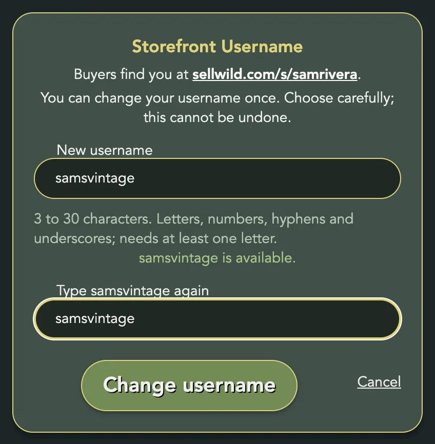 Both boxes filled in with samsvintage and the Change username button ready