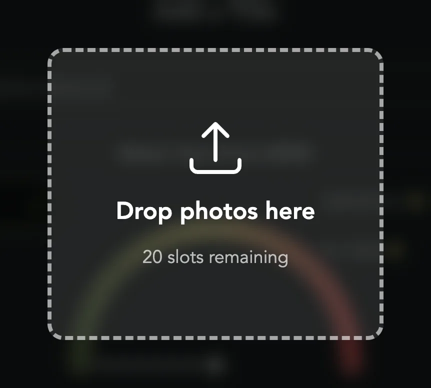 Drop photos here over a dark screen, with 20 slots remaining under it