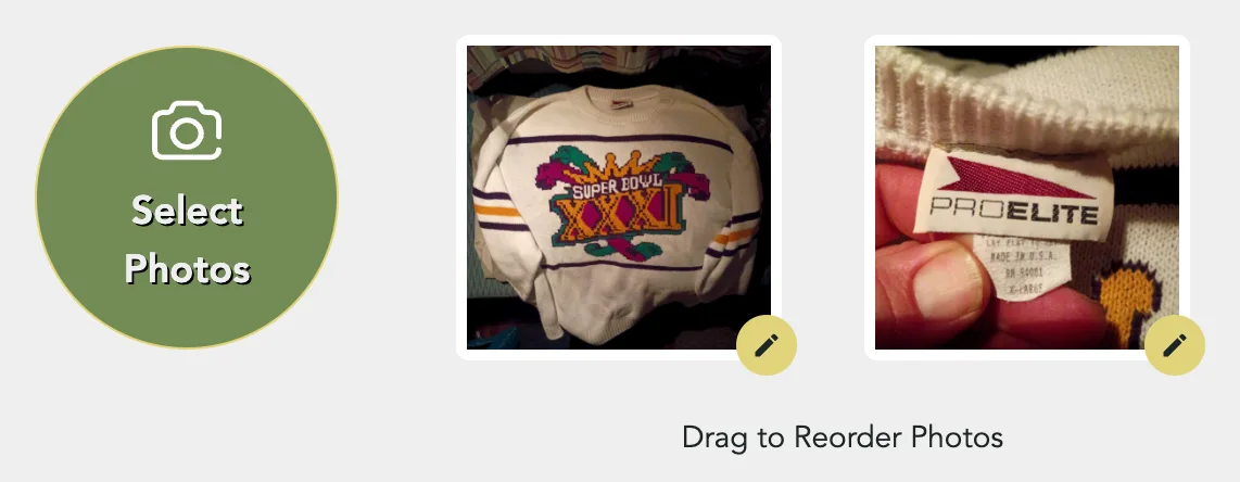 The photo strip on the Edit Listing page: Select Photos, then the listing's two photos, each with its pencil