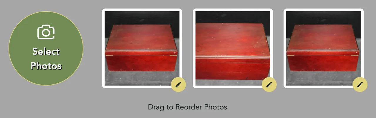 Three photos of a wooden box in the photo strip, with Drag to Reorder Photos under them