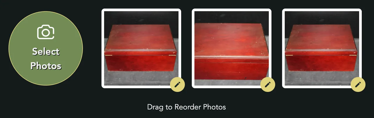 Three photos of a wooden box in the photo strip, with Drag to Reorder Photos under them