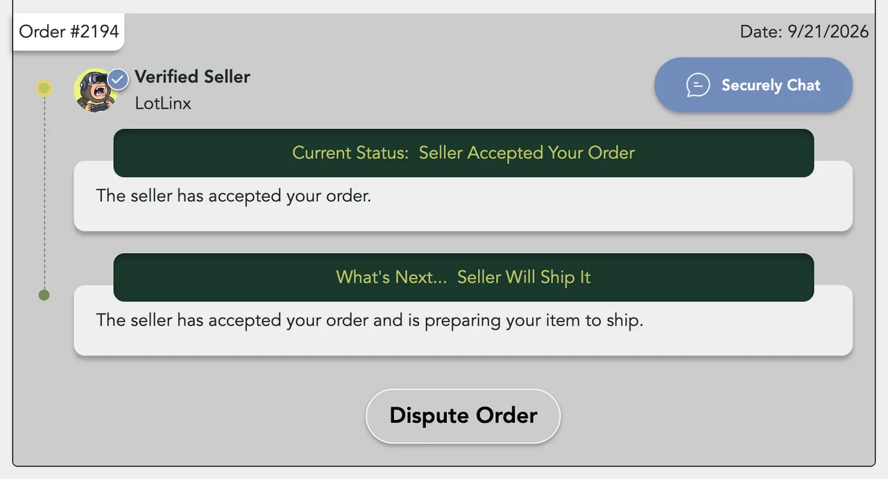 An order reading Seller Accepted Your Order, with What's Next: Seller Will Ship It