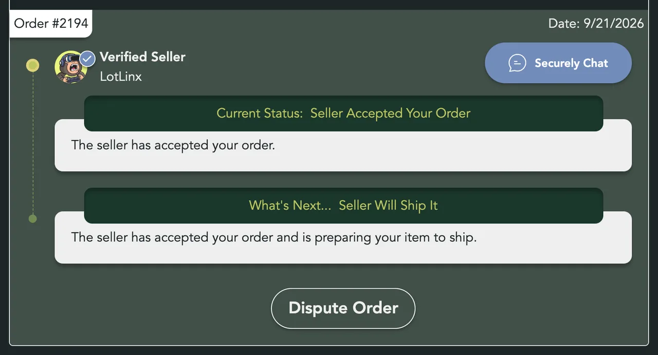An order reading Seller Accepted Your Order, with What's Next: Seller Will Ship It