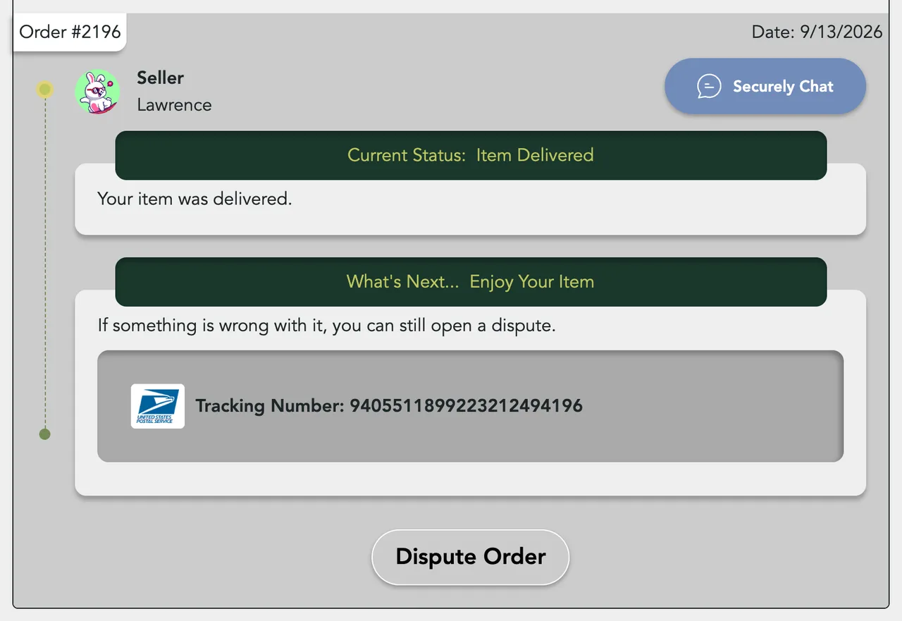 An order reading Item Delivered, with Dispute Order still available