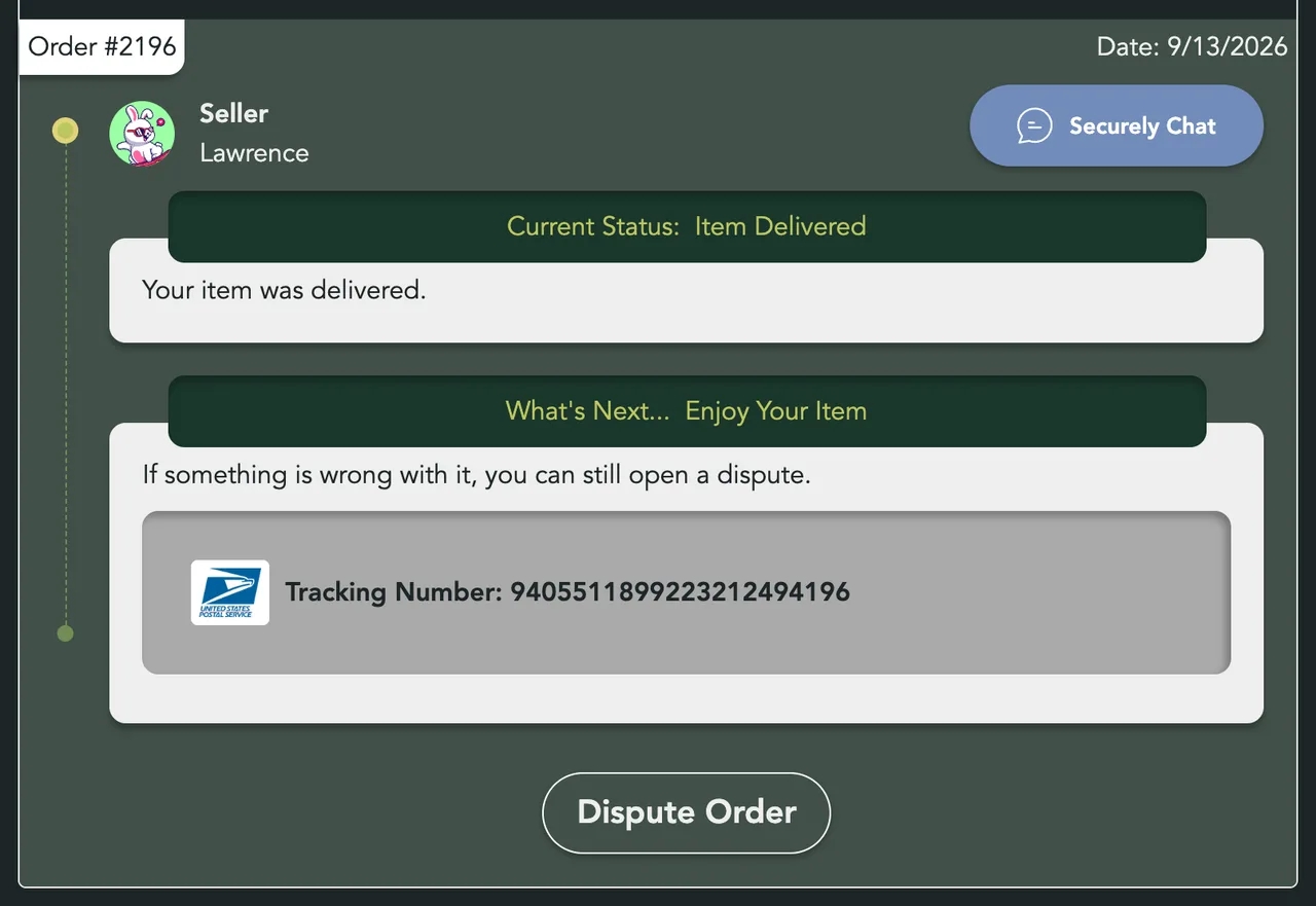 An order reading Item Delivered, with Dispute Order still available