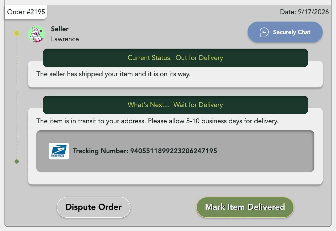 An Out for Delivery order with the tracking number, Dispute Order and Confirm Receipt