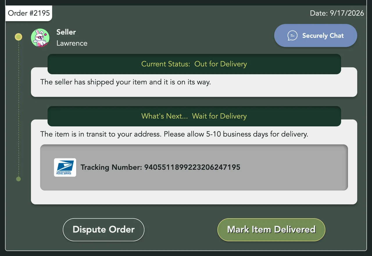 An Out for Delivery order with the tracking number, Dispute Order and Confirm Receipt